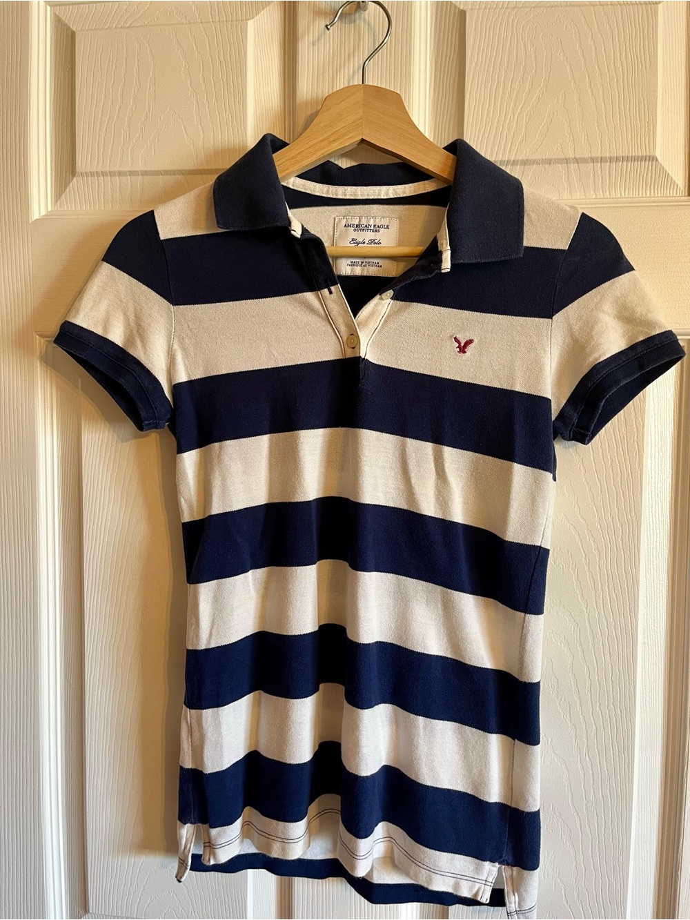 Women’s American Eagle Outfitters Navy and White Stripe Polo Shirt